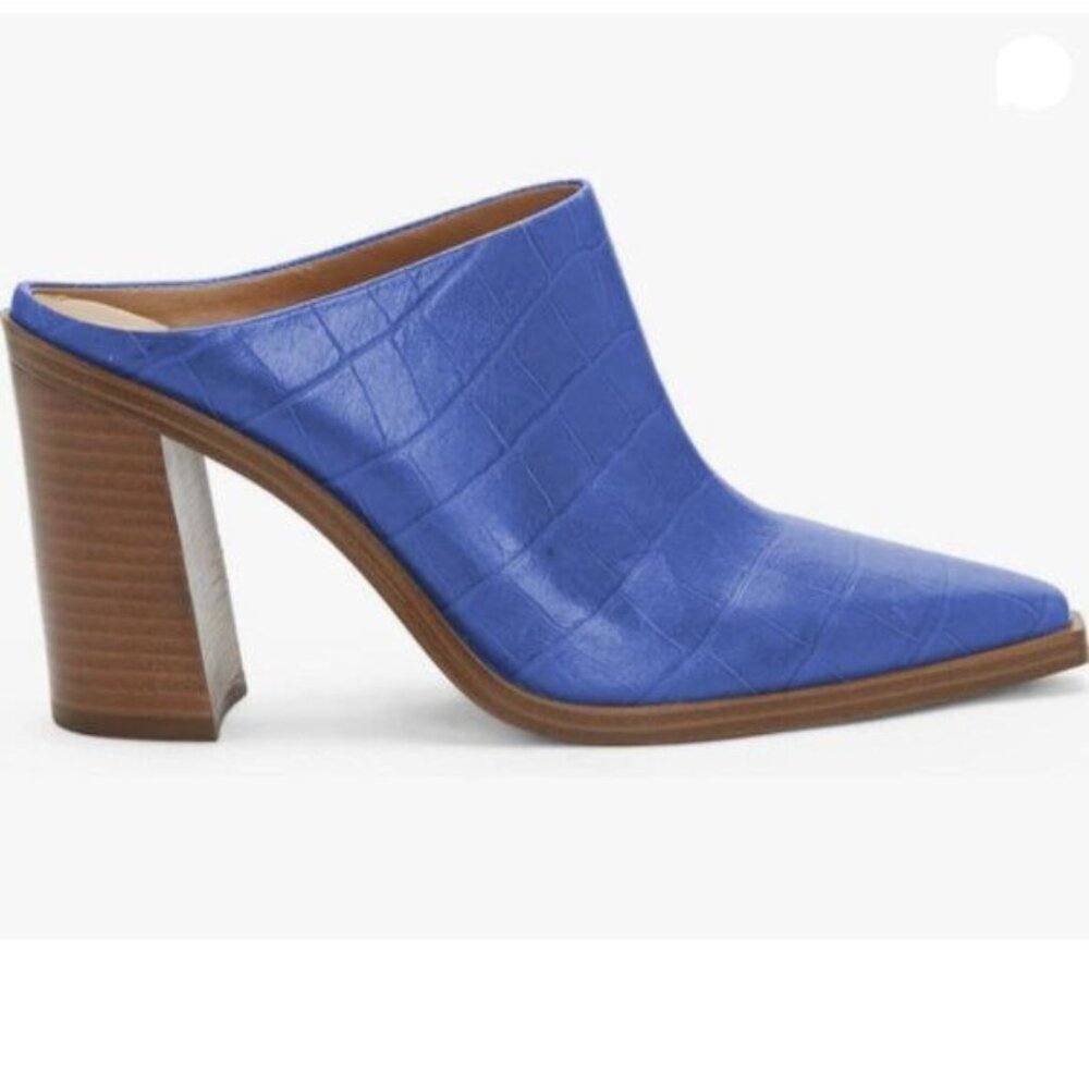 FOWT Women Crocodile Embossed Mules Chunky Stacked Heel Slippers Blue Sandals